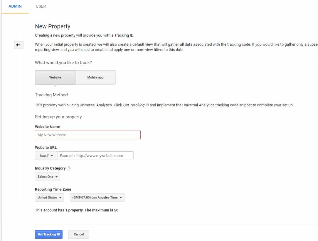 google analytics property fill details