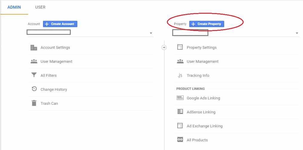 google analytics create property option