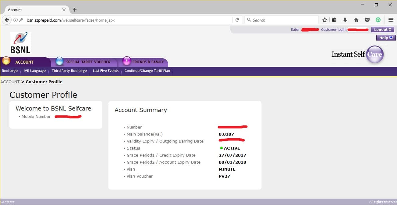 bsnlszprepaid bsnl selfcare portal account summary