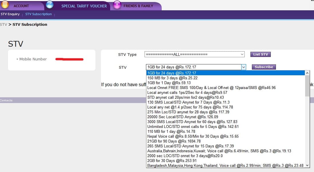 bsnlszprepaid bsnl selfcare stv plan selection online