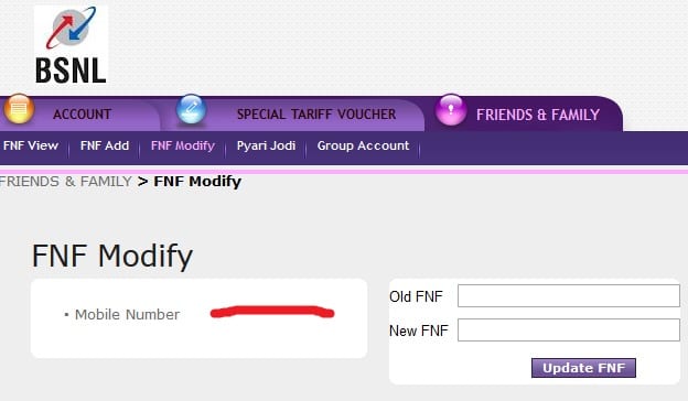 bsnlszprepaid bsnl selfcare fnf number modifyication