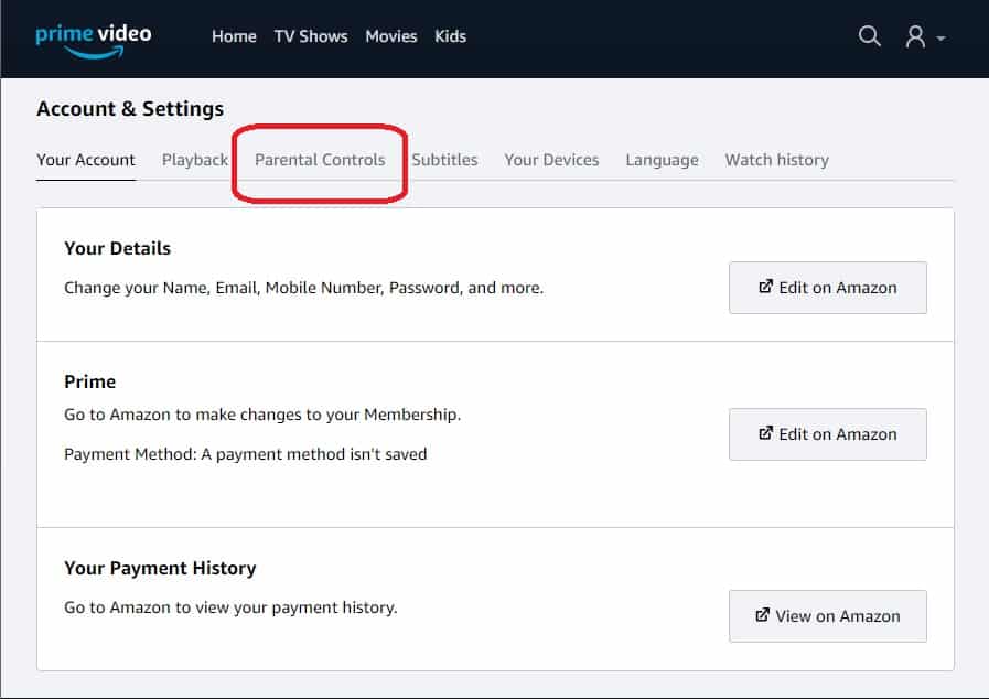 Amazon Prime Video Parental Controls Option