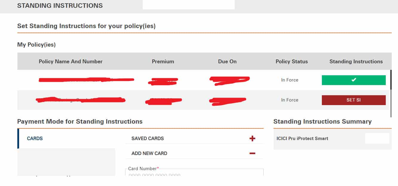 ICICI Bank Standing Instruction Credit Debit Card