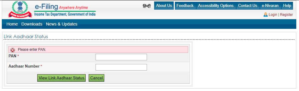 Checking the status of AADHAAR and PAN Online on incometaxindiaefiling site