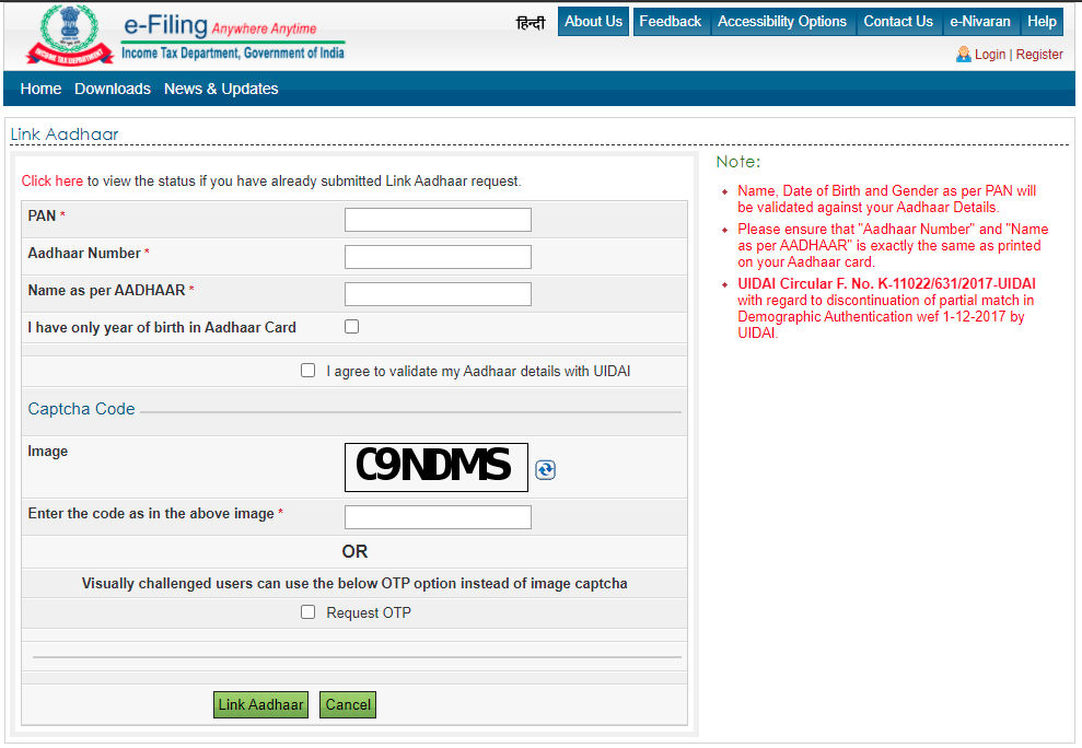 Linking AADHAAR PAN Online on incometaxindiaefiling site