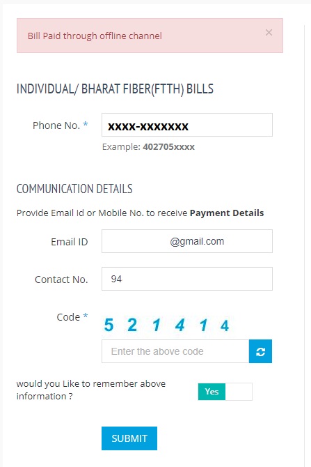 BSNL Quick Bill Pay Screen for Landline Broadband FTTH