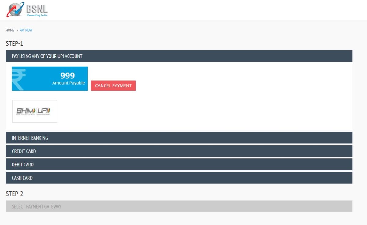 BSNL Bill Payment Modes Screen
