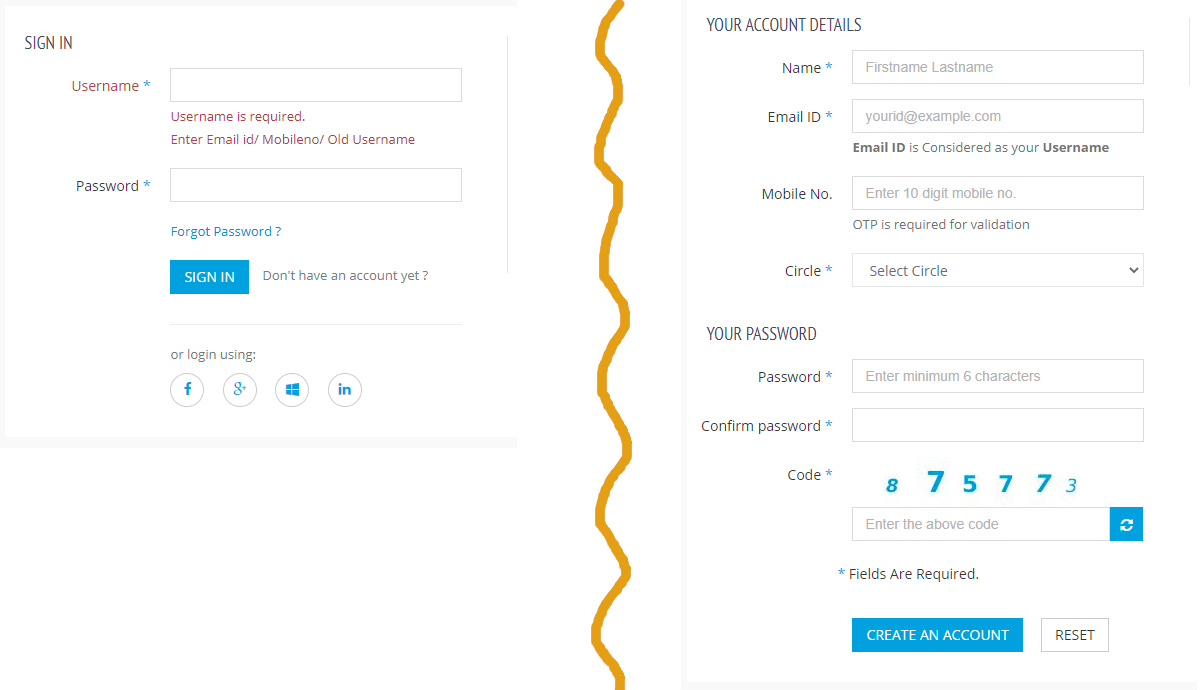 BSNL Portal login or Create Account Screen