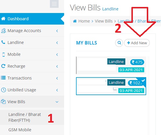 BSNL Portal Add New Number under View Bills