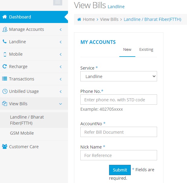 BSNL Portal Add New Number Page under View Bills