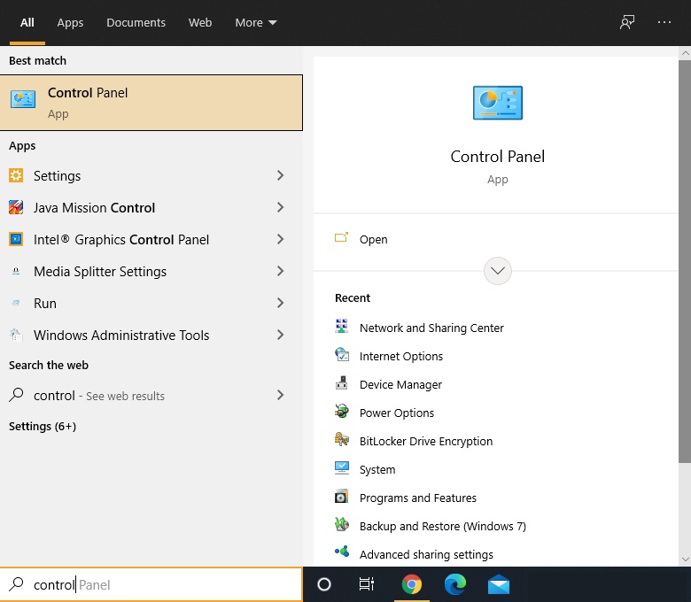 Searching for Control Panel in Windows Search Bar