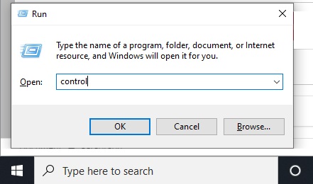 Typing the word CONTROL in Run Dialog Box