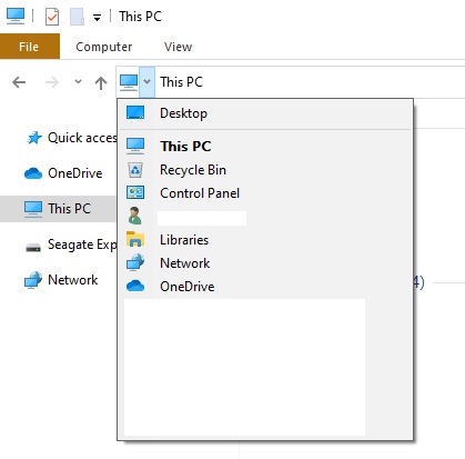 Windows Explorer address bar navigation with control panel option