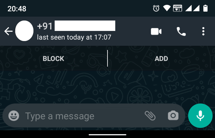 WhatsApp Message Window with Unsaved Number